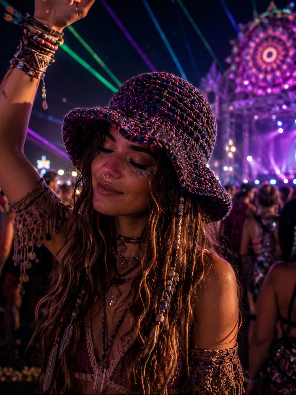 Crochet Bucket Hat Black Pink Purple Boho Festival Rave Hat